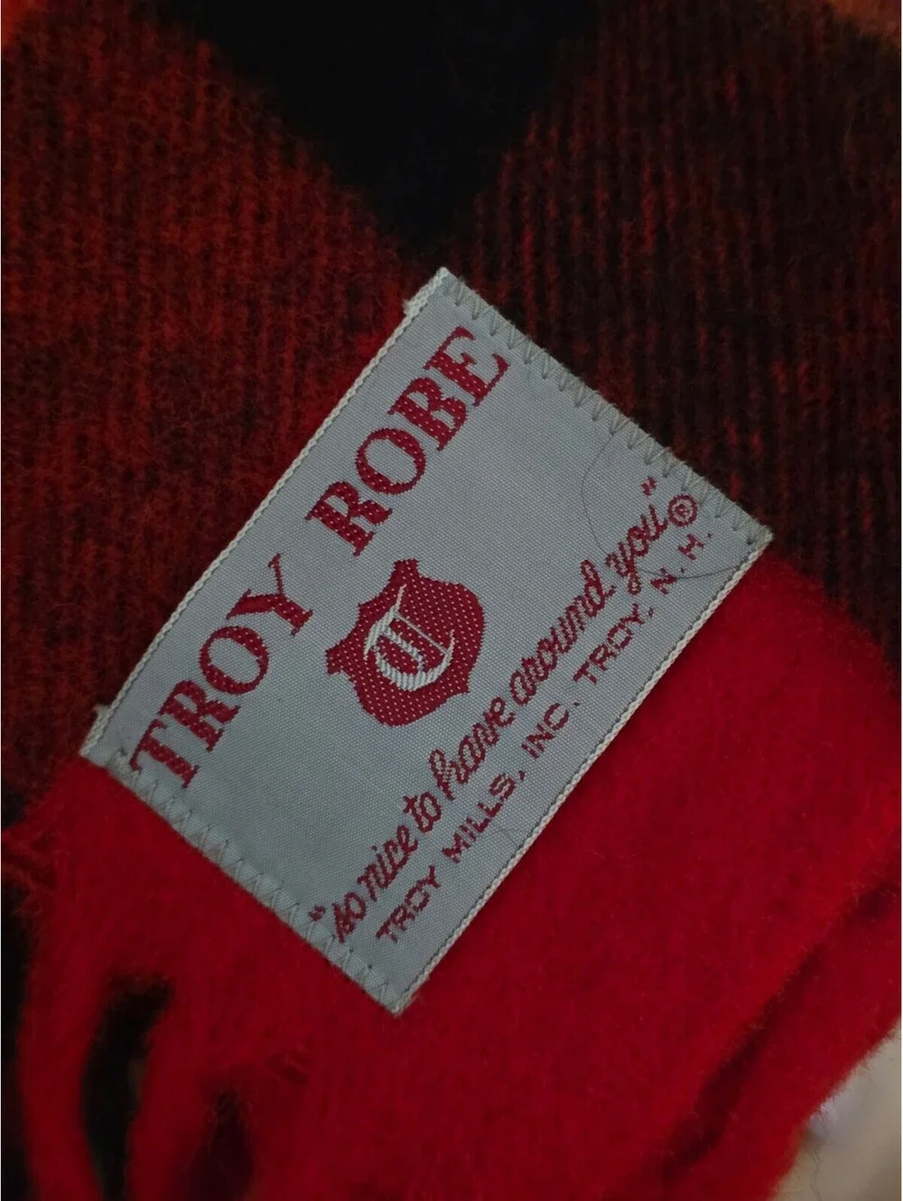 Vintage 1970's Troy Robe Red Black Plaid Wool Blend Fringe Throw Blanket 54x54